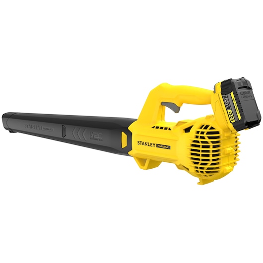 STANLEY SFMCBL714M1 snoerloze bladblazer, geel en zwart, zijaanzicht op witte achtergrond.