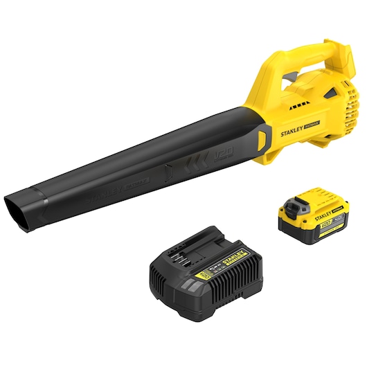 STANLEY SFMCBL714M1 draadloze bladblazer kit met accu en lader, zijaanzicht, geel en zwart.