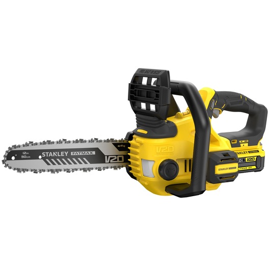 Tronçonneuse sans fil STANLEY SFMCCS630M1, jaune et noire, angle latéral, lame de 12 pouces, batterie V20 Lithium Ion.