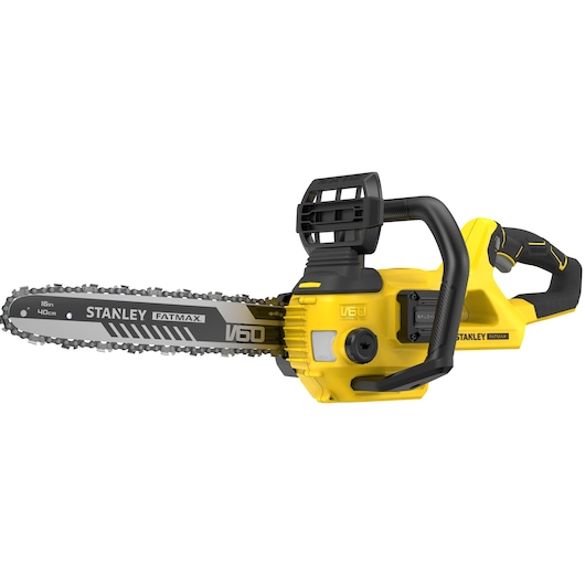 Photo de la tronçonneuse STANLEY SFMCCSB664B, jaune et noire, vue latérale, avec lame de 40 cm et poignée ergonomique.