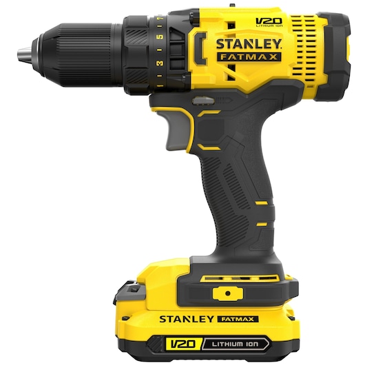 STANLEY SFMCD700C2K perceuse sans fil jaune et noire, vue latérale, V20 Lithium Ion, photographie d’outil.