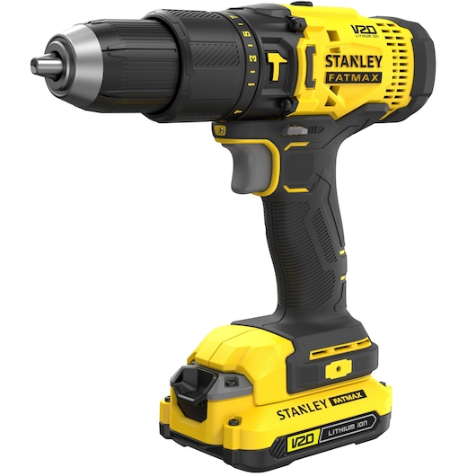 Foto van STANLEY SFMCD711C2K snoerloze boormachine, V20 lithium-ion, geel en zwart, rechterzijde, witte achtergrond.