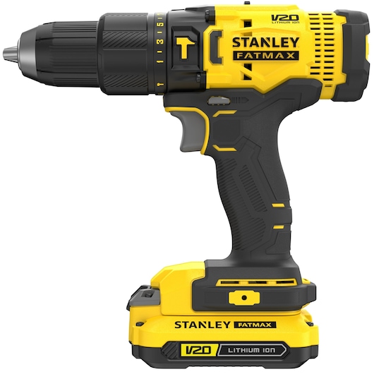 Foto van STANLEY SFMCD711C2S draadloze boormachine, geel en zwart, V20 Lithium Ion, zijaanzicht op witte achtergrond.