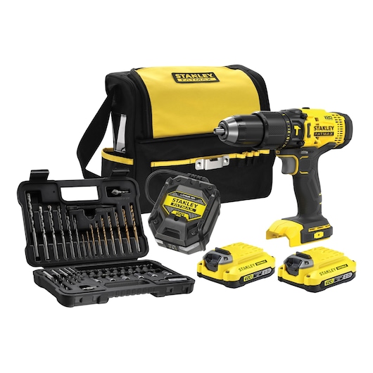 Foto van STANLEY SFMCD711DSA boorkit met geel-zwarte tas, accessoires, batterijen en boren, vooraanzicht.