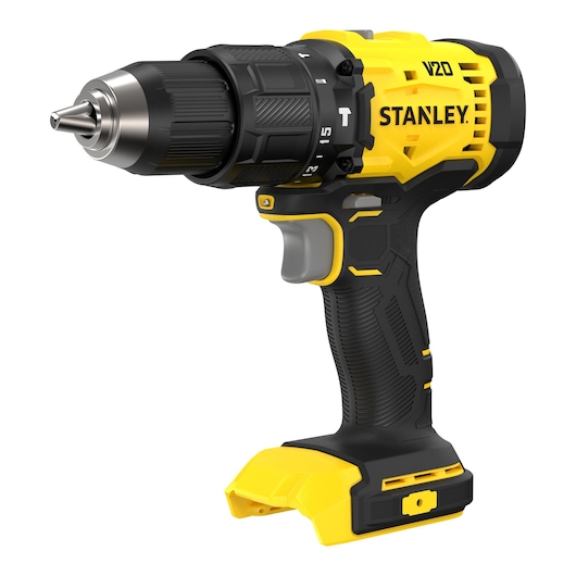 Stanley V20 snoerloze boormachine, geel en zwart, zonder accu, schuin weergegeven op witte achtergrond.