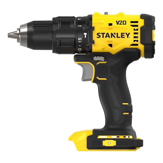 Stanley V20 snoerloze boormachine, geel-zwart, ergonomische grip, zonder accu.