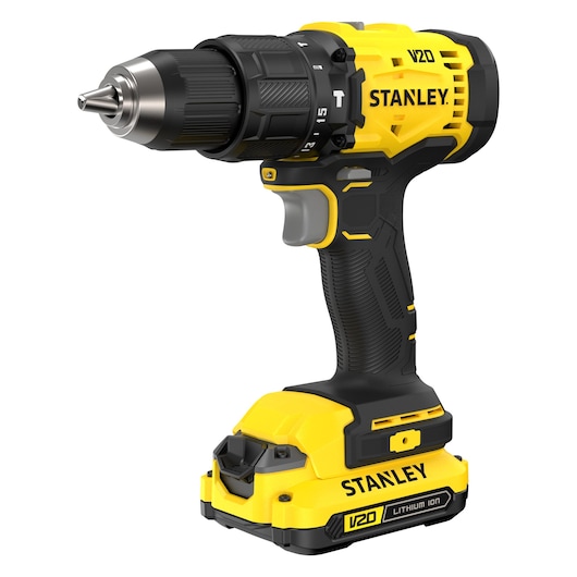 Gele en zwarte STANLEY V20 draadloze boormachine met lithium-ion batterij, zijaanzicht.