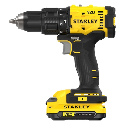 STANLEY V20 snoerloze boormachine met lithium-ion batterij in zwart en geel, zijaanzicht.