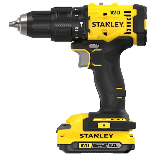 Stanley V20 snoerloze boormachine met zwart-gele behuizing en 2.0Ah lithium-ion batterij, zijaanzicht.