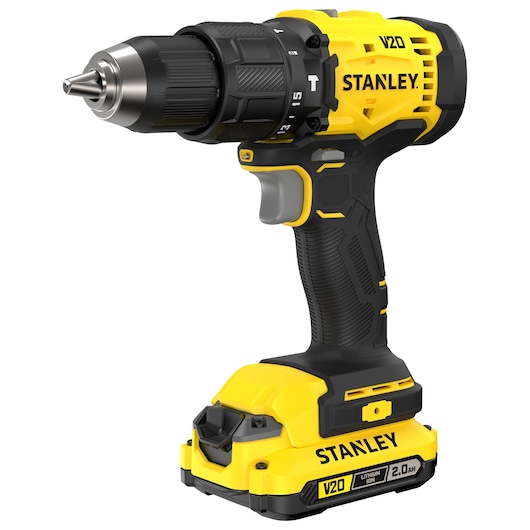 Gele en zwarte Stanley snoerloze boormachine met V20 lithium batterij.