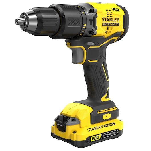 STANLEY SFMCD715C2K accu boormachine, geel en zwart, zijaanzicht, V20 LITHIUM ION, FATMAX merk.