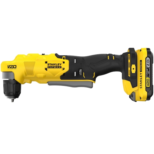 STANLEY SFMCD750D2K snoerloze haakse boormachine, geel en zwart, zijaanzicht op witte achtergrond.