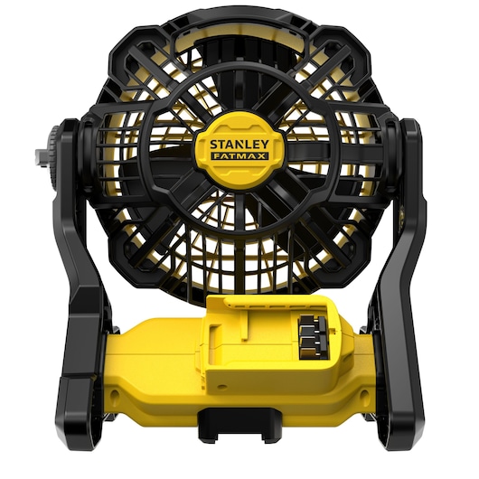 Ventilateur de chantier sans fil STANLEY SFMCE001B jaune et noir, vue de face sur fond blanc.