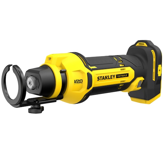 STANLEY SFMCE200B snoerloos geel-zwart roterend gereedschap zijaanzicht op witte achtergrond.