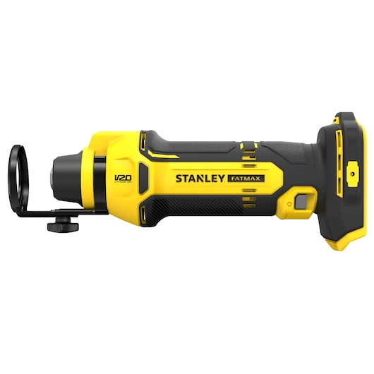 STANLEY SFMCE200B roterend gereedschap geel en zwart, zijaanzicht op witte achtergrond.