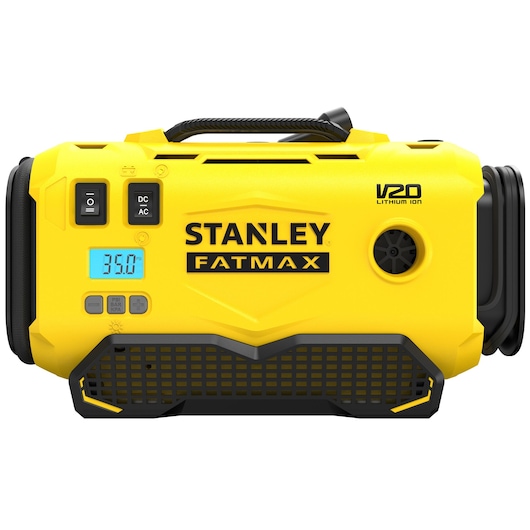 Foto van de STANLEY SFMCE520B draagbare luchtcompressor, geel design, digitaal display, vooraanzicht op witte achtergrond.