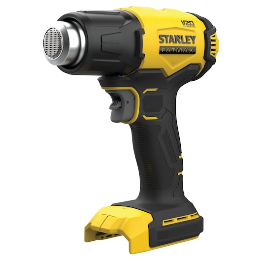 STANLEY SFMCE530B pistolet à air chaud sans fil jaune et noir, vue latérale sur fond blanc