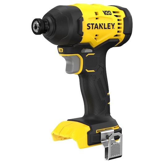 Vissage à choc sans fil STANLEY V20 jaune et noir, sans batterie, poignée ergonomique et clip ceinture.