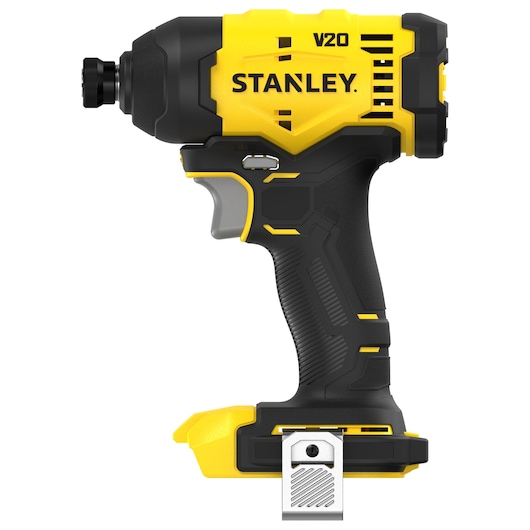 Visseuse à chocs Stanley V20 sans fil, jaune et noire, vue latérale sans batterie.