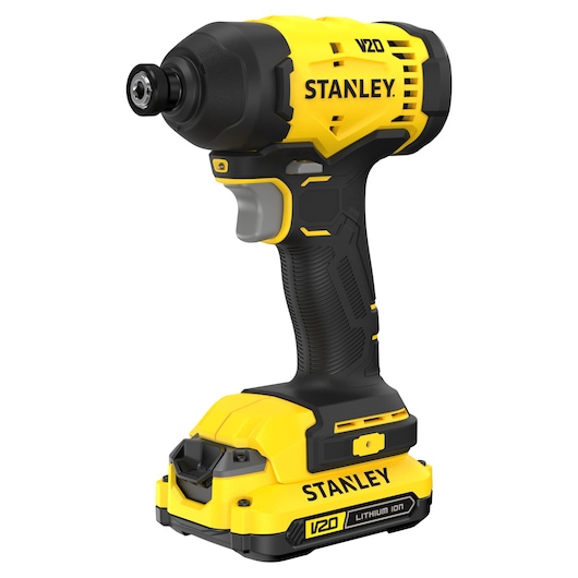 Vissage à percussion STANLEY V20 sans fil jaune et noir avec batterie lithium-ion, vue de face.