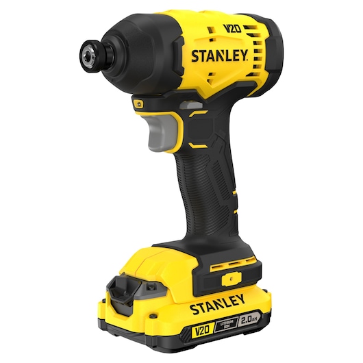 V20 STANLEY visseuse à choc sans fil avec batterie lithium-ion, jaune et noire, poignée ergonomique.