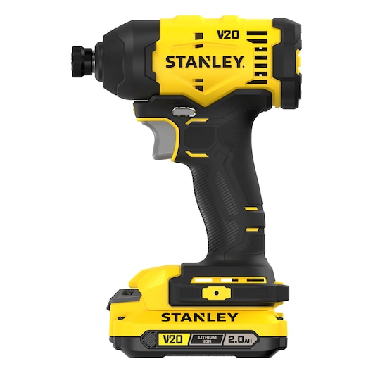 Visses Stanley V20 sans fil avec batterie lithium-ion 2,0 Ah, jaune et noir, vue latérale.