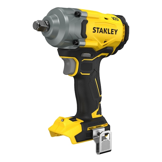 Stanley V20 draadloze slagsleutel geel-zwart, borstelvrij ontwerp, riemclip, batterij niet inbegrepen.