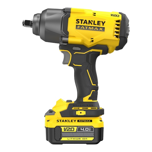 STANLEY SFMCF940M1 draadloze slagschroevendraaier, geel en zwart, zijaanzicht, V20 FATMAX serie.