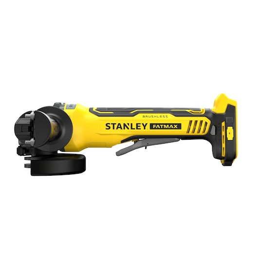 Photographie de STANLEY SFMCG700B meuleuse angulaire brushless sans fil jaune et noire, vue latérale.
