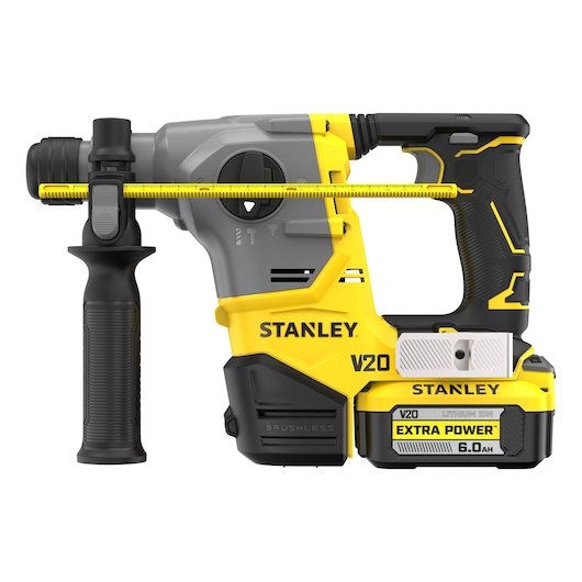 Stanley V20 snoerloze boorhamer met extra handvat en 6.0Ah accubatterij, geel en zwart ontwerp.