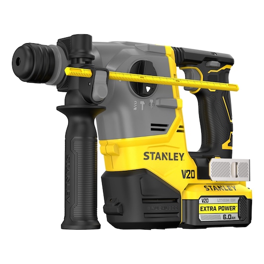Stanley V20 snoerloze hamerboor, geel en zwart, met 6.0Ah accu, brushless en ergonomische handgreep.