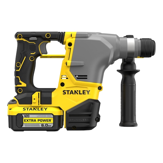 Stanley V20 snoerloze boorhamer met zijhandgreep en 6.0Ah accu, geel en zwart ontwerp.