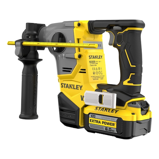 Stanley snoerloze boorhamer met V20 6.0Ah accu en zijhandvat. Geel-zwarte gereedschap voor boren.