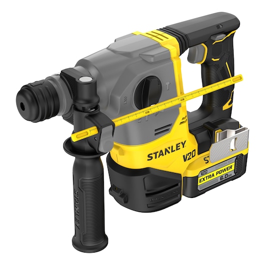 Stanley V20 draadloze boorhamer met accu, zijhandgreep en dieptegeleider voor bouw of fotografie.