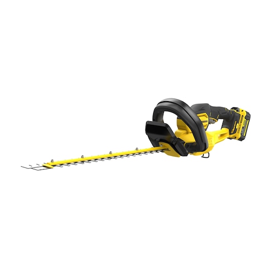 Photo du taille-haie sans fil STANLEY SFMCHT855M1, jaune et noir, angle latéral sur fond blanc.
