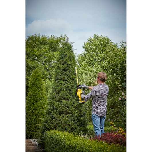 Taille-haie STANLEY SFMCHT855M1 utilisé en extérieur par une personne taillant un grand buisson.