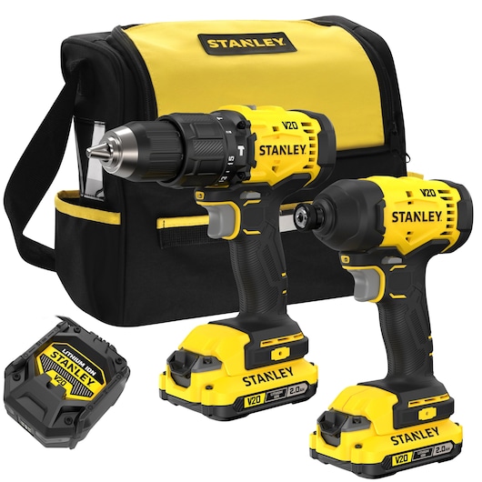 Kit Stanley V20 avec deux perceuses, batterie et sac de transport jaune et noir.