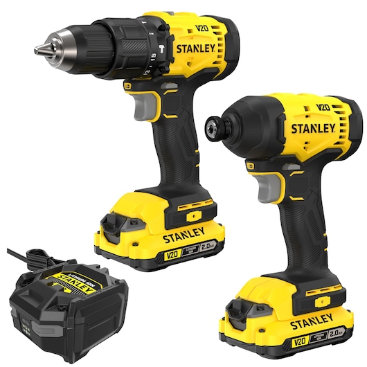 Kit Stanley V20 perceuse et visseuse à chocs avec deux batteries et chargeur, jaune et noir.