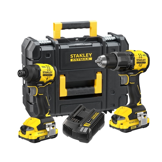 STANLEY SFMCK201D2T-QW kit perceuse et visseuse à impact sans fil avec mallette et chargeur, vue de face.