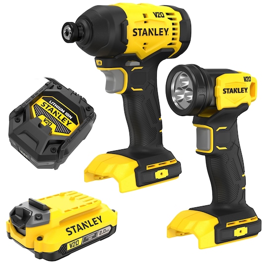 Stanley V20 visseuse à choc sans fil et lampe torche avec deux batteries lithium-ion, jaune et noir.