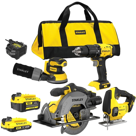 Kit d’outils électriques Stanley V20 avec perceuse, scie, ponceuse, batteries, chargeur et sac, jaune et noir.