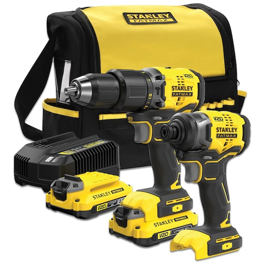STANLEY SFMCK461D2S V20 snoerloze boor- en slagschroevenset met twee accu's, oplader en gele tas, voorkant.