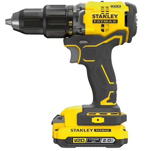 STANLEY SFMCK461D2S snoerloze boormachine in geel en zwart, zijaanzicht, met V20 Lithium Ion 2.0 accu.