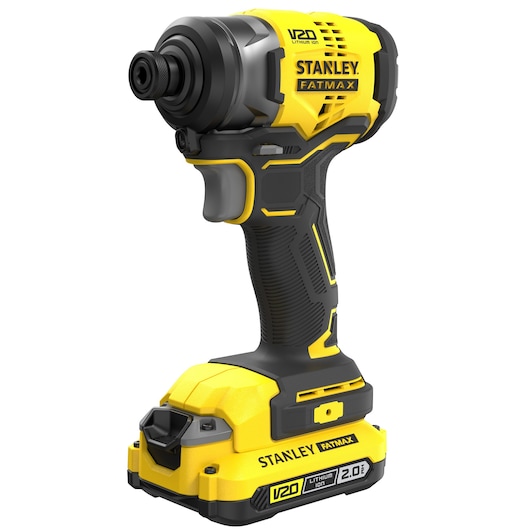 Foto van STANLEY SFMCK461D2S V20 FATMAX draadloze slagschroevendraaier, zwart en geel, voorkant.