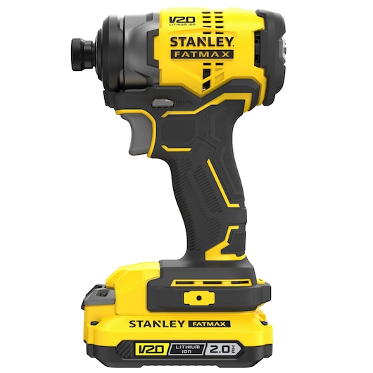 STANLEY SFMCK461D2S gele en zwarte draadloze slagschroevendraaier, zijaanzicht, FATMAX V20-serie.