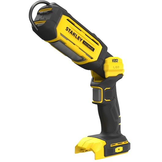 Foto van STANLEY SFMCL050B draadloze LED werklamp in geel en zwart, zijaanzicht op witte achtergrond.