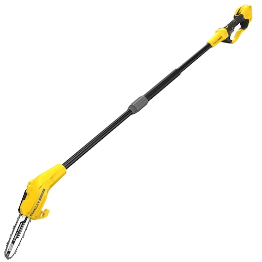 STANLEY SFMCPS620B stokzaag met geel en zwart ontwerp op witte achtergrond, zijaanzicht.