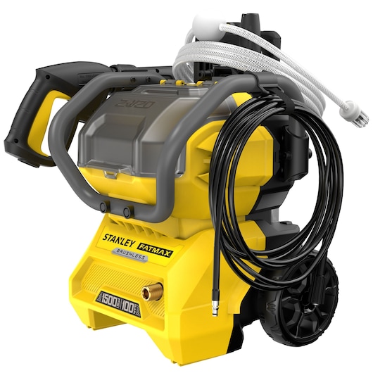 STANLEY SFMCPW1500B nettoyeur haute pression portable jaune, brushless, vue avant avec tuyau enroulé et poignée.