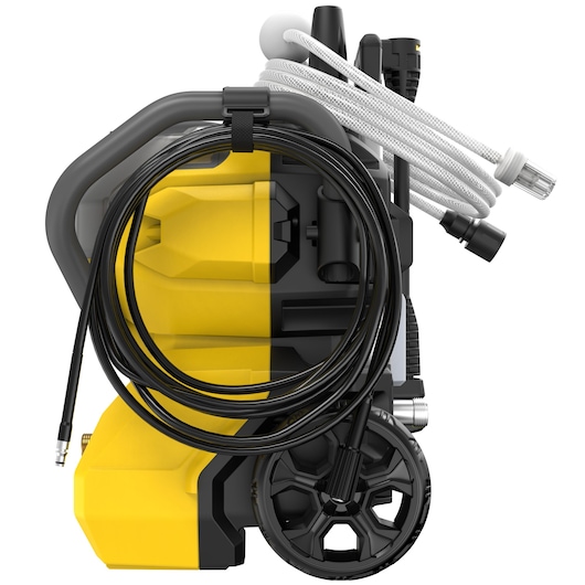 STANLEY SFMCPW1500B hogedrukreiniger zijaanzicht met gele behuizing, zwarte slang, grote wielen en witte accessoireslang.