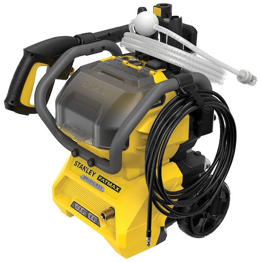 STANLEY SFMCPW1500B hogedrukreiniger in geel en zwart, zijaanzicht, met slang, pistool en wielen.
